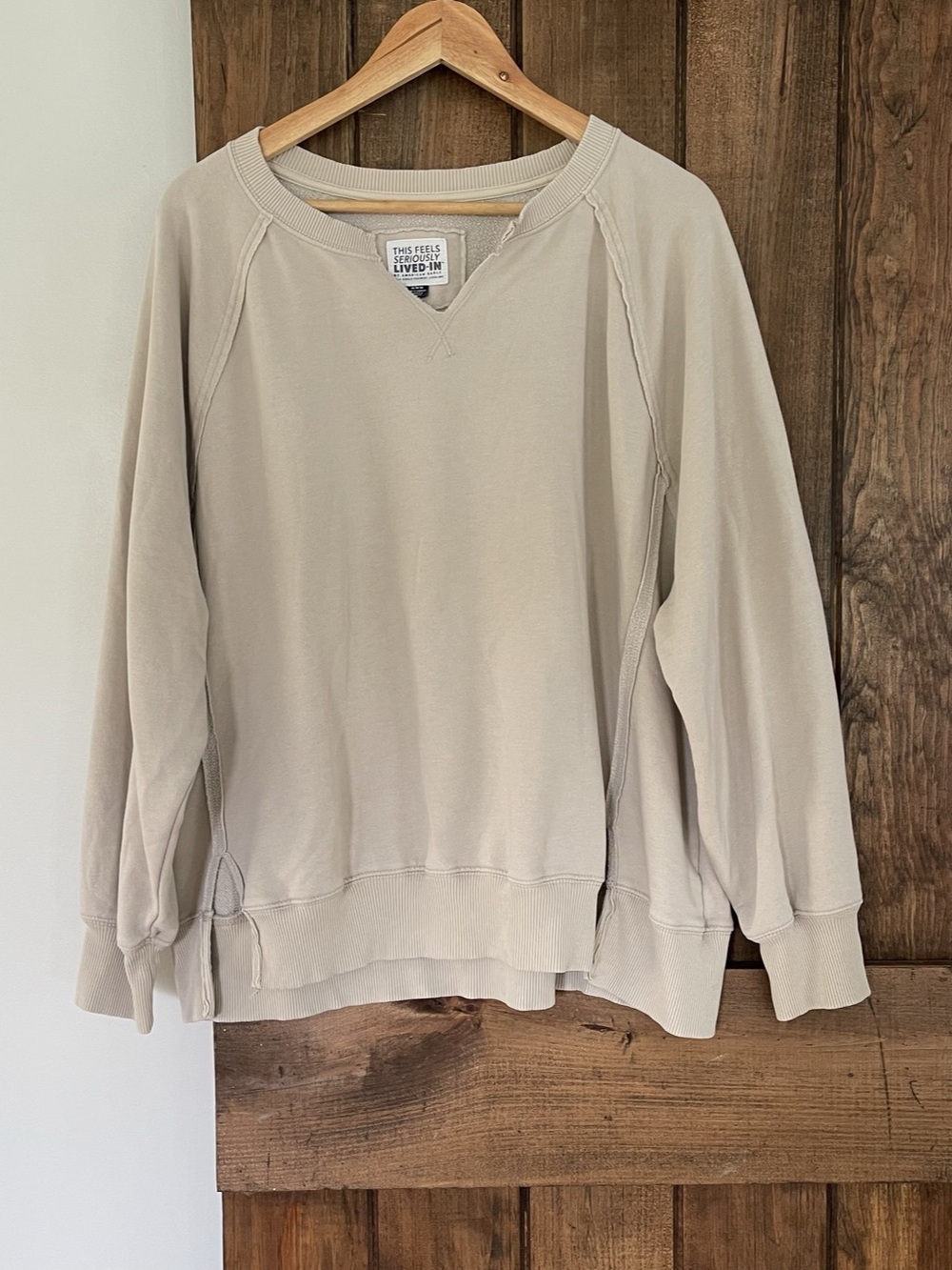 American Eagle Oversized Raw Hem Notch Neck Beige Sweatshirt Medium Comfy